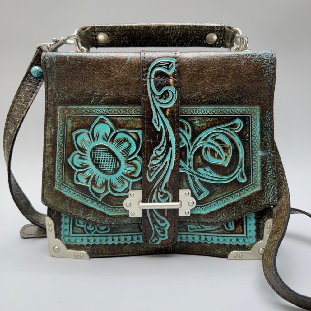 PATRICIA NASH Crossbody Bag Hand Tooled Leather Turquoise Southwestern Festival